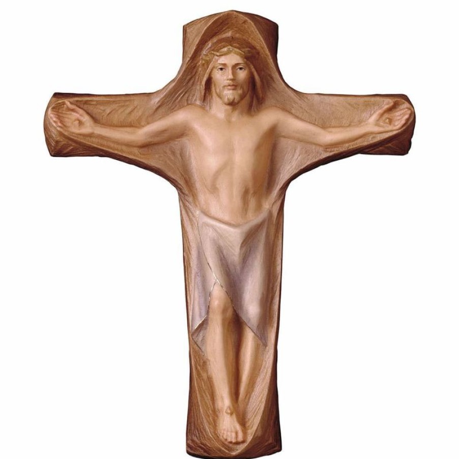 ULPE Crocifisso Nazareno Barocco Romanico Crocifisso Gesu Cristo Redentore Cm 30X25 (11,8X9,8 Inch) Scultura Da Parete Dipinta Ad Olio In Legno Val Gardena Saints Statues