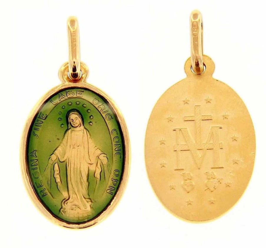 Vaticanum Gioielli in Oro Madonna Miracolosa Medaglia Sacra Pendente Ovale Conio Gr 2,2 Oro Giallo 18Kt Con Smalto Verde Da Donna Baptism