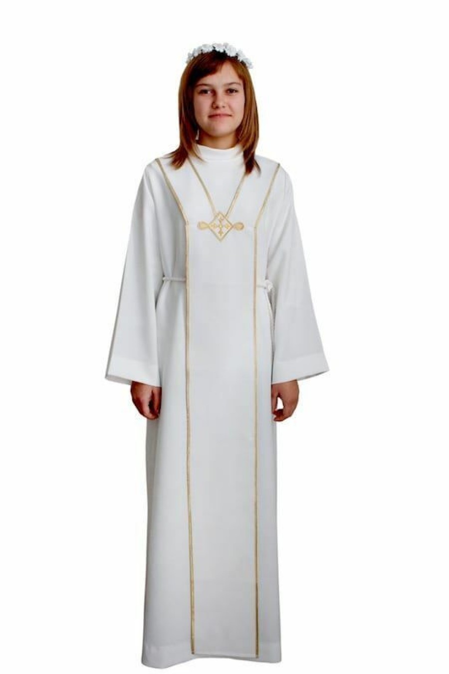 Sartoria Ecclesiastica Italiana - Paramenti Sacri Abito Tunica Prima Comunione Bambino Bambina Scapolare Profilato Oro E Ricamo Poliestere First Communion