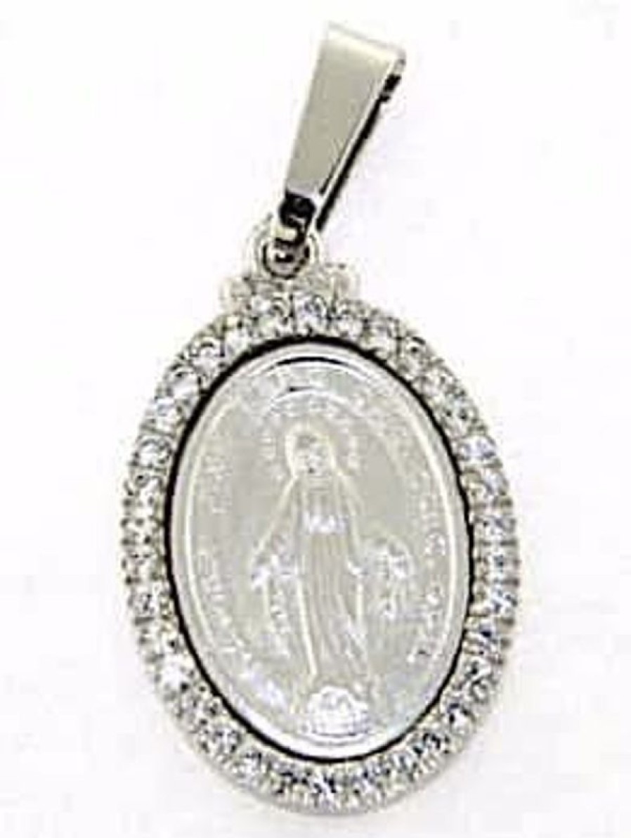 Vaticanum Gioielli in Oro Madonna Miracolosa Con Corona Punti Luce Medaglia Sacra Pendente Ovale Conio Gr 3,9 Oro Bianco 18Kt Con Zirconi Da Donna Baptism