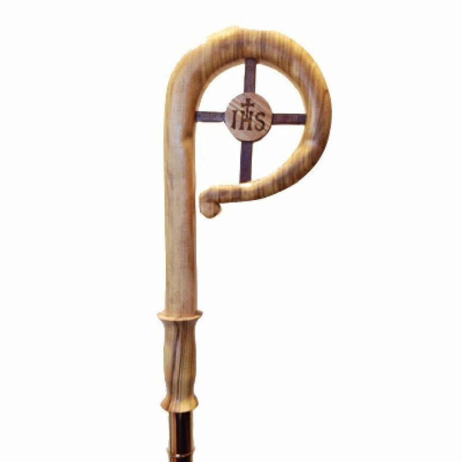 Arredi Sacri in Legno d'Ulivo Bastone Pastorale Con Asta Cm 184 (72,4 Inch) Croce E Simbolo Jhs In Legno Di Ulivo Di Assisi Bishops Items & Accessories