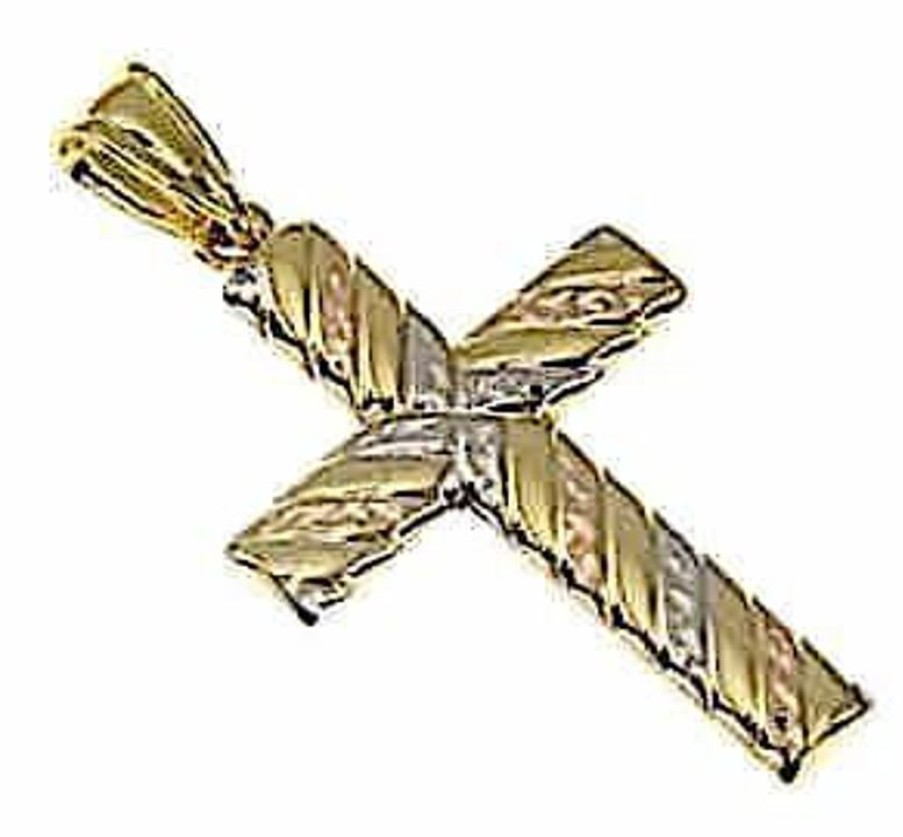 Vaticanum Gioielli in Oro Croce Dritta Decorata Ciondolo Pendente Gr 1,2 Bicolore Oro Giallo Bianco 9Kt Uni Donna Uomo First Communion