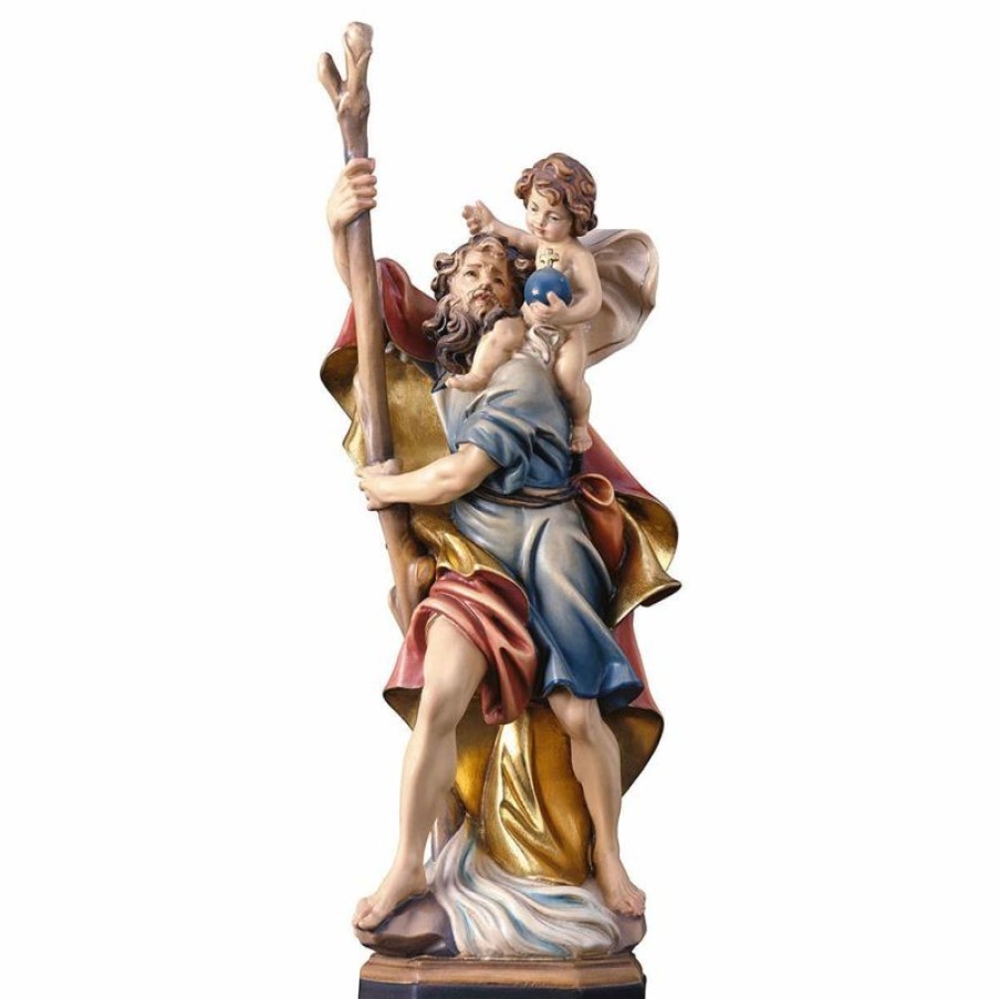 ULPE Sculture Sacre in legno Val Gardena Statua San Cristoforo Con Bambino Cm 95 (37,4 Inch) Dipinta Ad Olio In Legno Val Gardena Cross Pendant