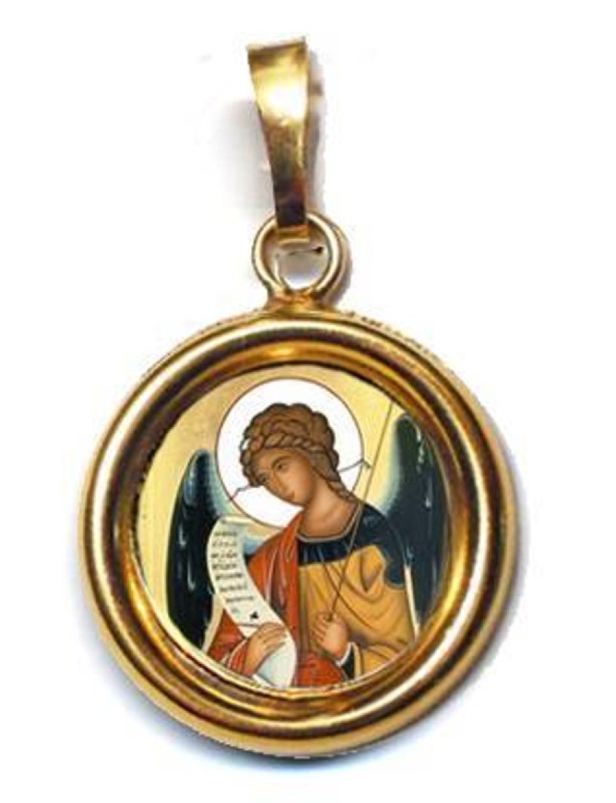 EB Arte Sacra Arcangelo Gabriele Ciondolo Pendente Tondo Liscio Diam Mm 19 (0,75 Inch) Argento Placcato Oro E Porcellana Uni Uomo Donna E Bambini Baptism