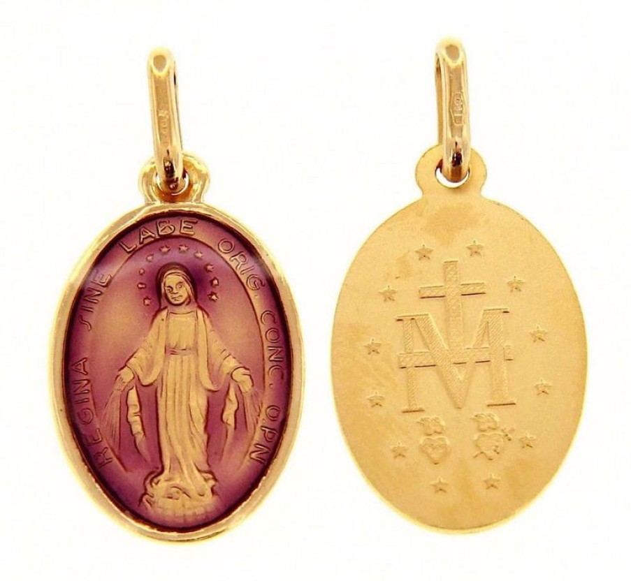 Vaticanum Gioielli in Oro Madonna Miracolosa Medaglia Sacra Pendente Ovale Conio Gr 2,2 Oro Giallo 18Kt Con Smalto Viola Da Donna Baptism