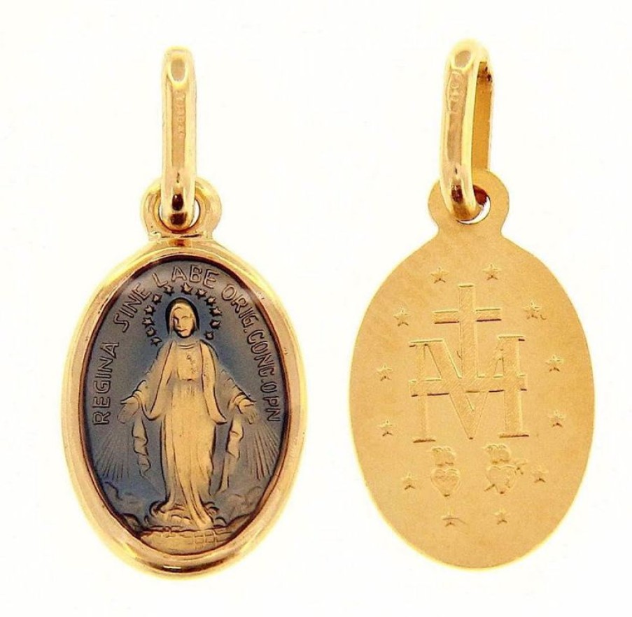 Vaticanum Gioielli in Oro Madonna Miracolosa Medaglia Sacra Pendente Ovale Conio Gr 1,3 Oro Giallo 18Kt Con Smalto Blu Da Donna Baptism