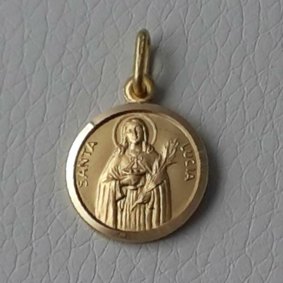 Vaticanum Gioielli in Oro Santa Lucia Medaglia Sacra Pendente Tonda Conio Gr 2,6 Oro Giallo 18Kt Uni Donna Uomo Italian Rosaries & Made In Italy Jewelry