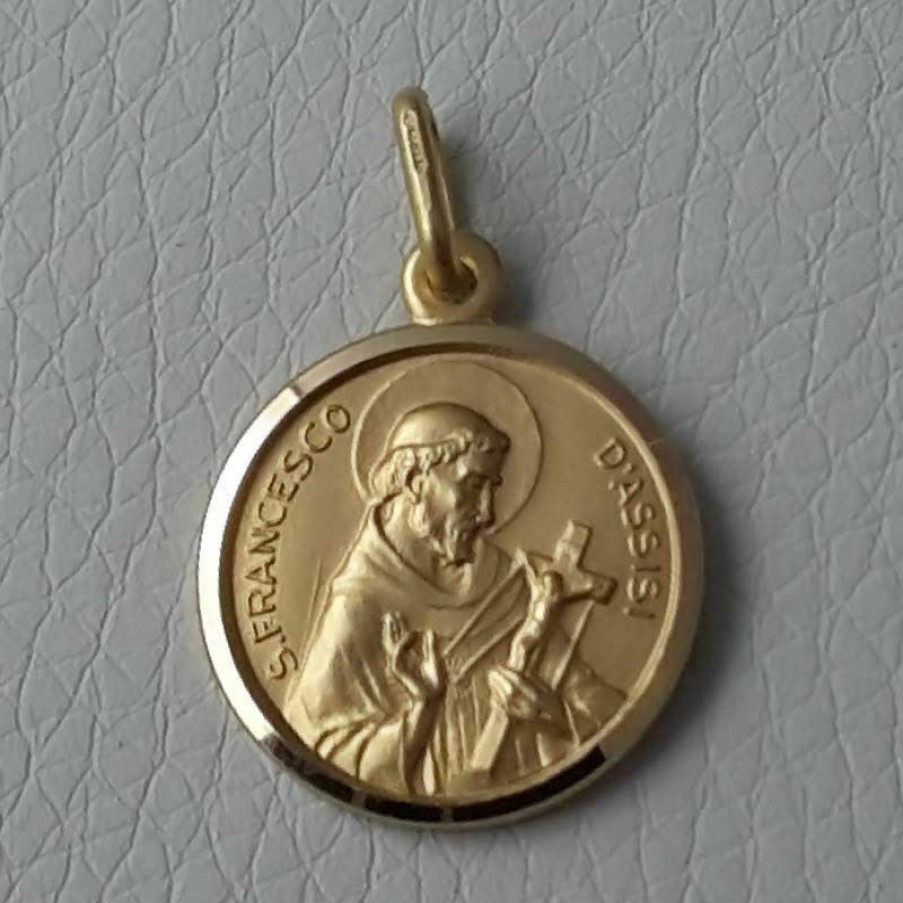 Vaticanum Gioielli in Oro San Francesco D'Assisi Medaglia Sacra Pendente Tonda Conio Gr 3,3 Oro Giallo 18Kt Con Bordo Liscio Uni Donna Uomo Italian Rosaries & Made In Italy Jewelry