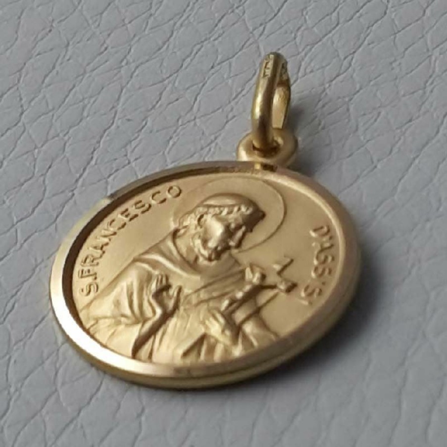 Vaticanum Gioielli in Oro San Francesco D'Assisi Medaglia Sacra Pendente Tonda Conio Gr 3,3 Oro Giallo 18Kt Con Bordo Liscio Uni Donna Uomo Italian Rosaries & Made In Italy Jewelry