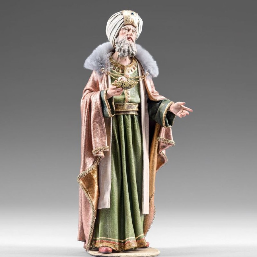 Original Heide Catalogo Melchiorre Re Magio Mulatto In Piedi Cm 14 (5,5 Inch) Presepe Vestito Immanuel Stile Orientale Statua In Legno Val Gardena Abiti In Stoffa Angels Statues