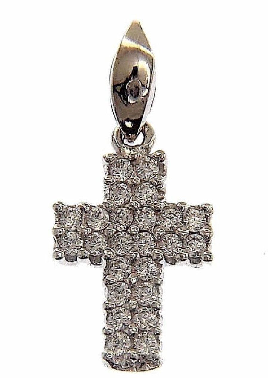 Vaticanum Gioielli in Oro Croce Dritta Con Punti Luce Ciondolo Pendente Gr 0,8 Oro Bianco 18Kt Con Zirconi Da Donna First Communion