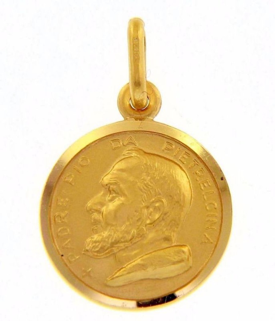 Vaticanum Gioielli in Oro Santo Padre Pio Da Pietrelcina Medaglia Sacra Pendente Tonda Conio Gr 2,5 Oro Giallo 18Kt Con Bordo Liscio Uni Donna Uomo Italian Rosaries & Made In Italy Jewelry