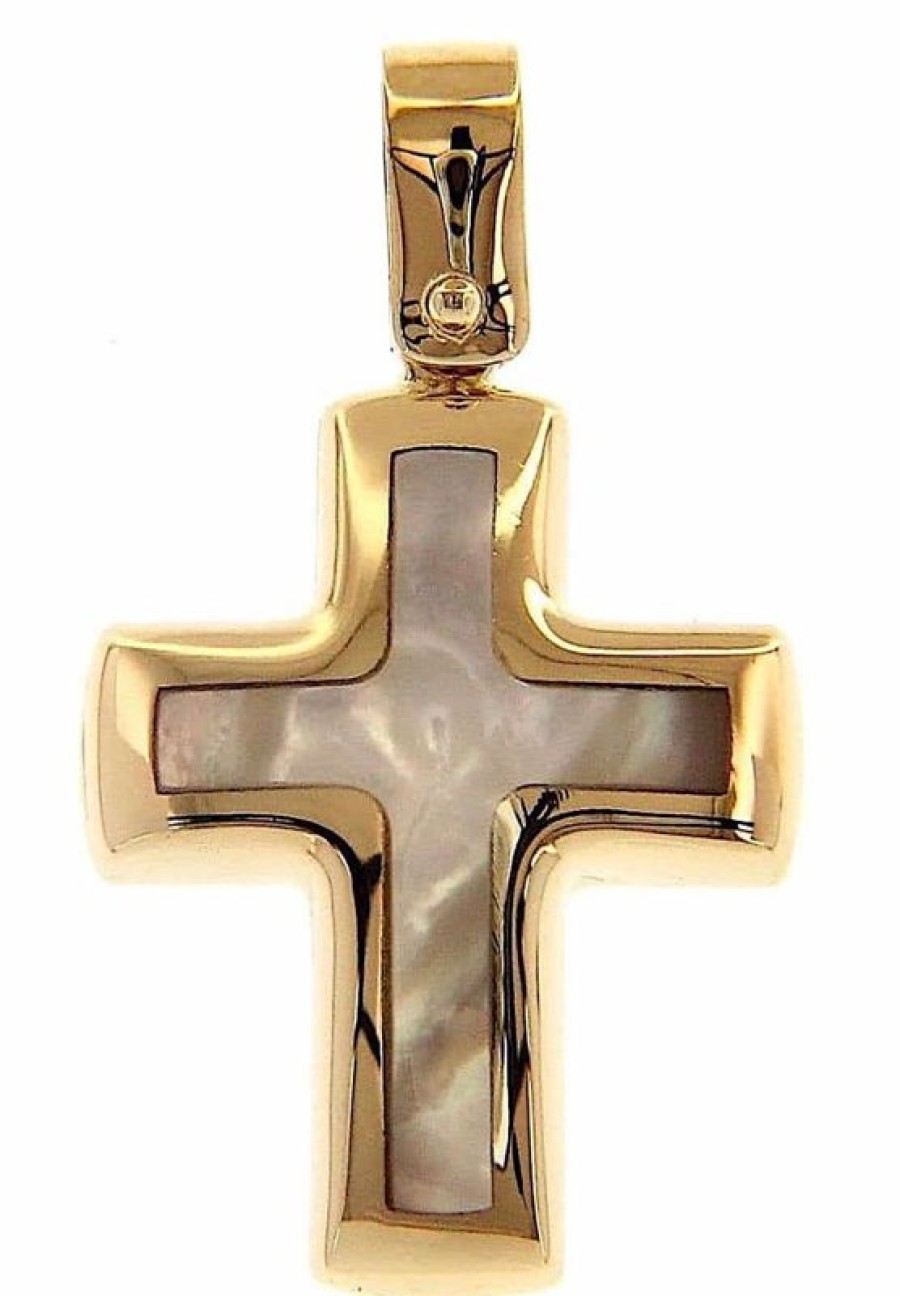 Vaticanum Gioielli in Oro Croce Ciondolo Pendente Moda Gr 1,7 Oro Giallo 18Kt Con Madreperla Bianca Uni Donna Uomo First Communion