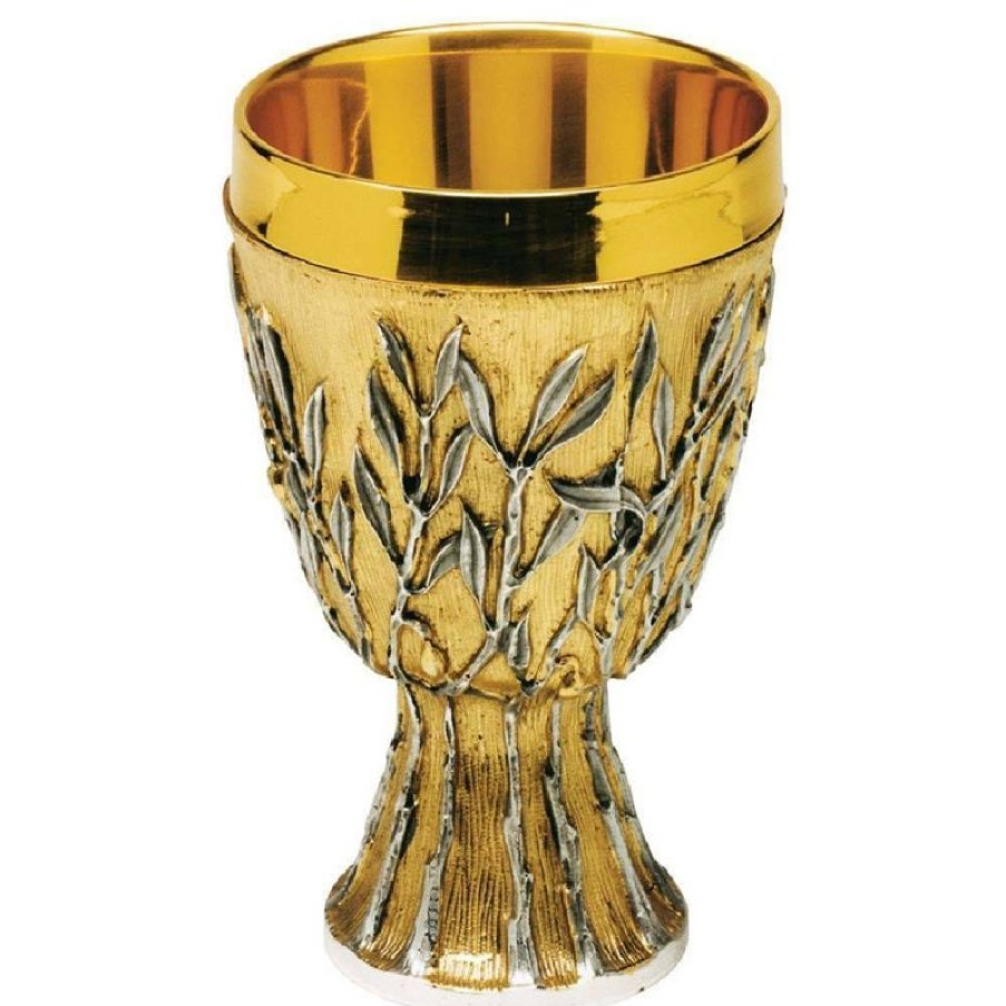 SEA Oggetti Liturgici in Oro e Argento Calice Liturgico Basso Coppa Grande H. Cm 16 (6,3 Inch) Ulivi In Ottone Bicolore Da Altare Messa Sacred Altar Vessels