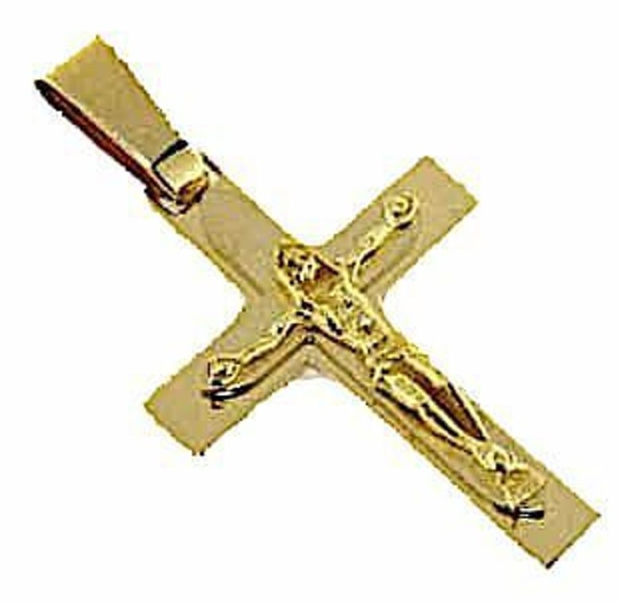 Vaticanum Gioielli in Oro Croce Dritta Con Corpo Di Cristo Media Ciondolo Pendente Gr 3,6 Oro Giallo Massiccio 18Kt Uni Donna Uomo First Communion