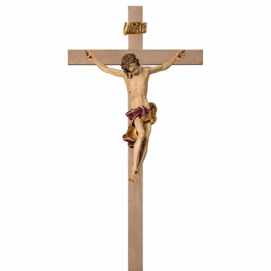 ULPE Crocifisso Nazareno Barocco Romanico Crocifisso Barocco Rosso Su Croce Liscia Cm 280X140 (110,2X55,1 Inch) Scultura Da Parete Dipinta Ad Olio In Legno Val Gardena Saints Statues