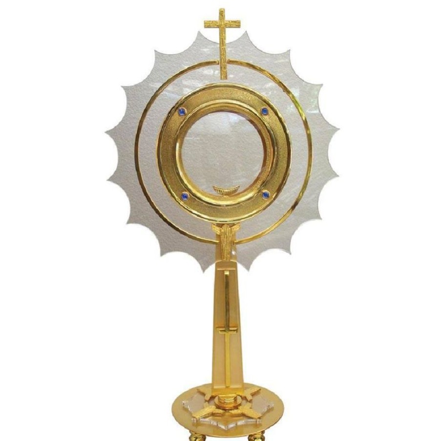 SEA Oggetti Liturgici in Oro e Argento Ostensorio Con Lunetta H. Cm 72 (28,3 Inch) Con Teca Grande In Ottone Esposizione Ostia Consacrata Church Furniture