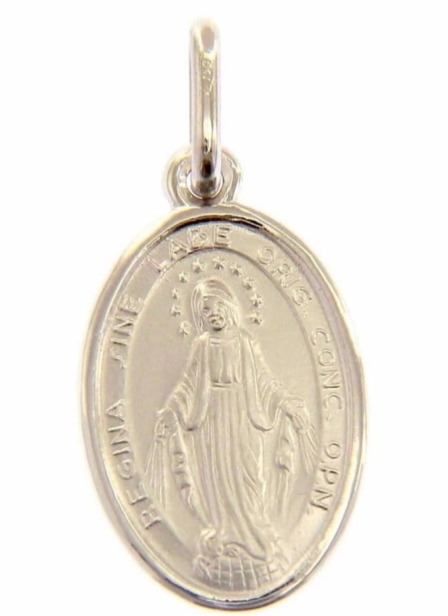 Vaticanum Gioielli in Oro Madonna Miracolosa Regina Sine Labe Originali Concepta O.P.N. Medaglia Sacra Pendente Ovale Conio Gr 2,1 Oro Bianco 18Kt Uni Donna Uomo Baptism