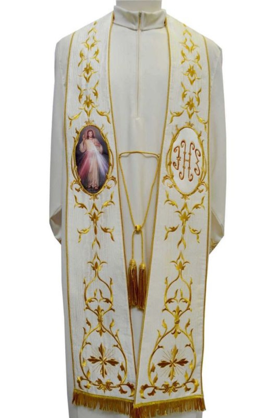 Chorus by Ricamificio Umbro - Catalogo Personalizzata Stola Sacerdotale Romana Chorus In Lana E Seta Moire Con Fiocco E Ricamo Ihs E 1 Immagine A Scelta Catholic Priest & Liturgical Vestments