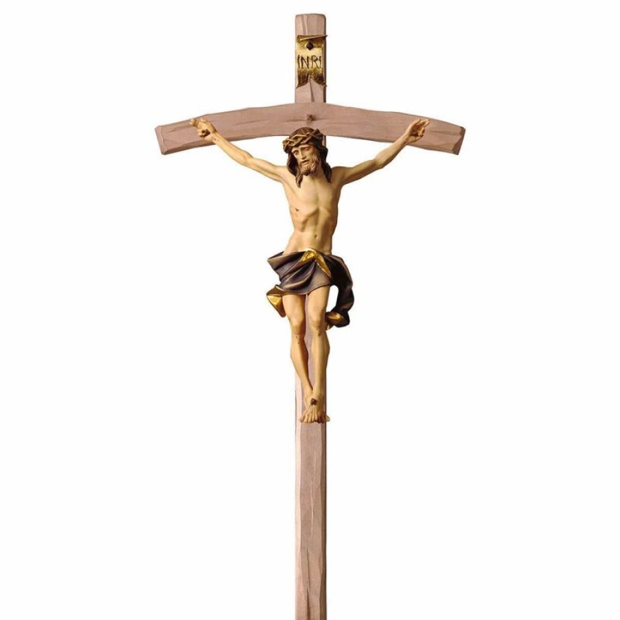 ULPE Crocifisso Nazareno Barocco Romanico Crocifisso Nazareno Blu Su Croce Curva Cm 124X62 (55,9X24,4 Inch) Scultura Da Parete Dipinta Ad Olio In Legno Val Gardena Jesus Statues