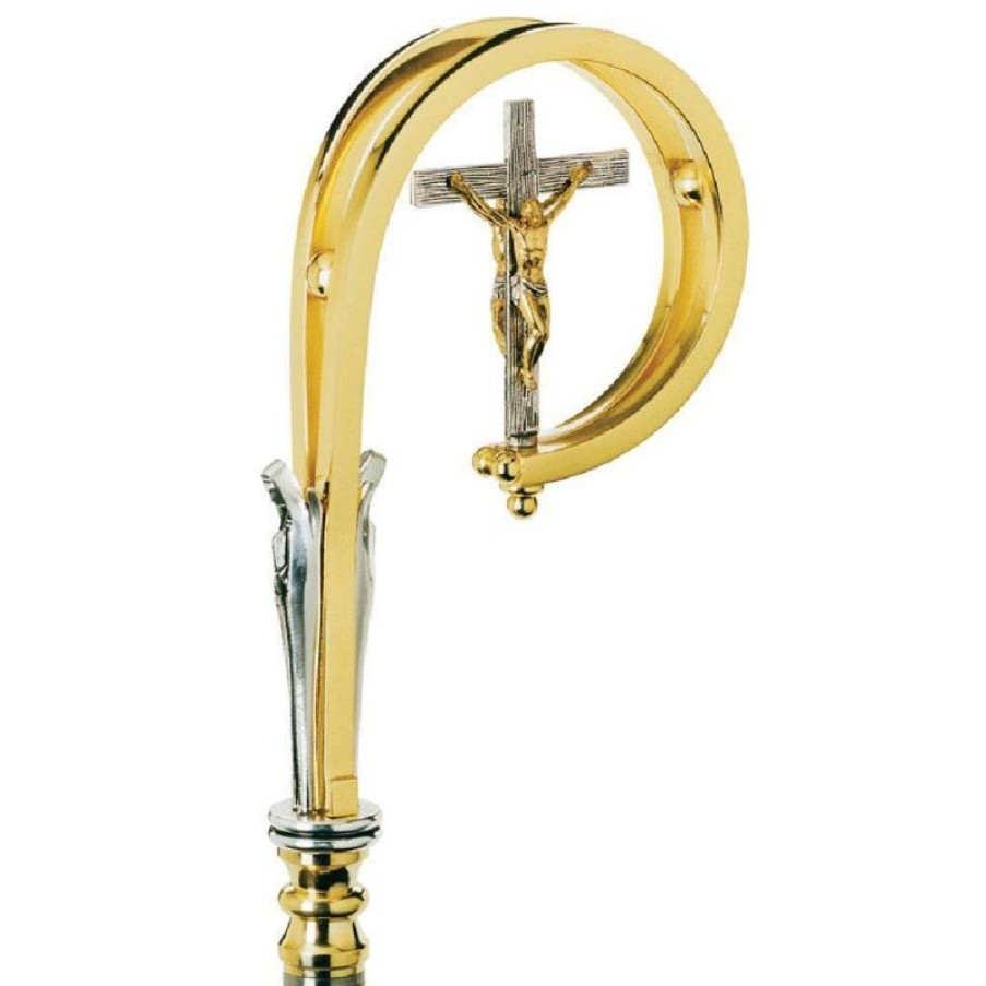 SEA Oggetti Liturgici in Oro e Argento Bastone Pastorale Con Asta Crocifisso Ed Angeli In Ottone Bicolore Vincastro Sacred Altar Vessels