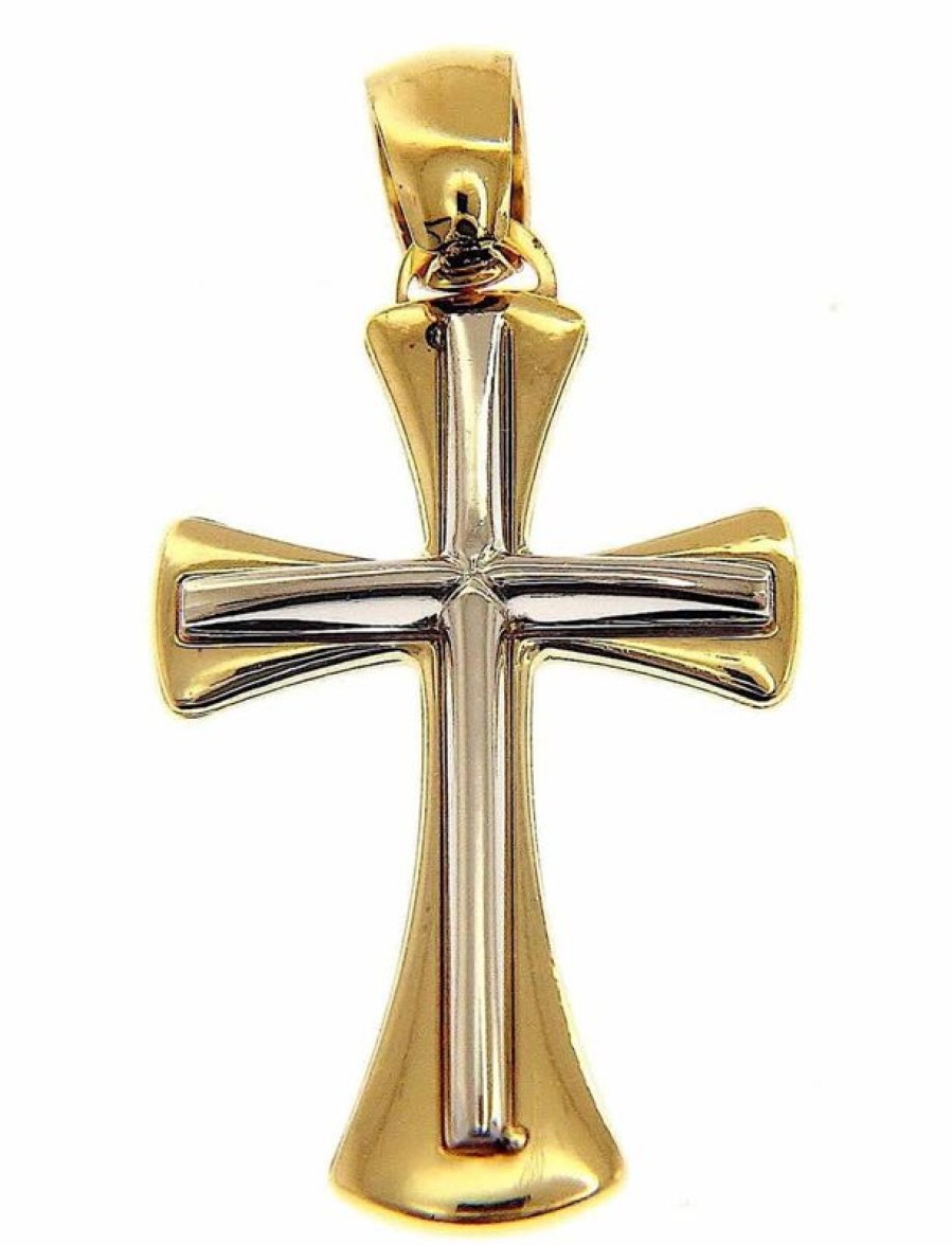 Vaticanum Gioielli in Oro Croce Doppia Svasata Ciondolo Pendente Gr 3,5 Bicolore Oro Massiccio Giallo Bianco 18Kt Uni Donna Uomo First Communion