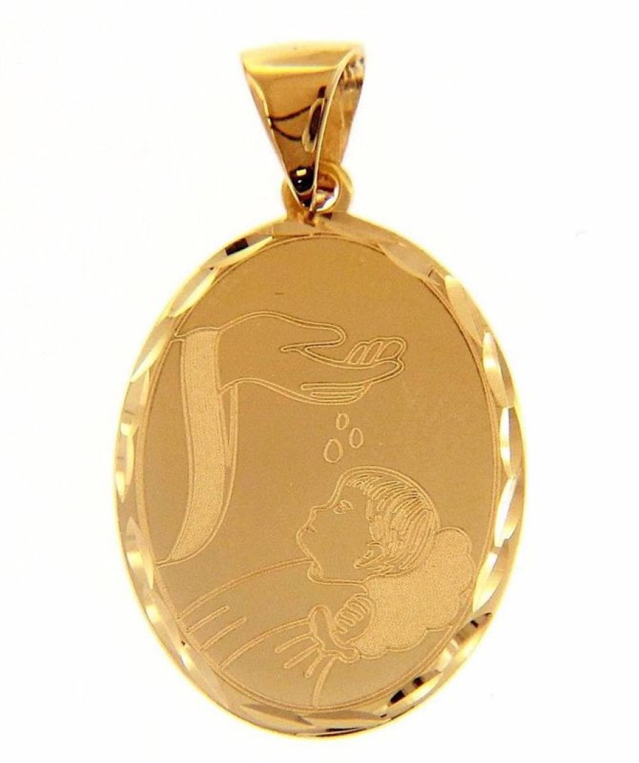 Vaticanum Gioielli in Oro Battesimo Dono Di Dio Ciondolo Pendente Ovale Gr 1,9 Oro Giallo 18Kt Con Bordo Lavorato Per Bebe (Bimba E Bimbo) Baptism