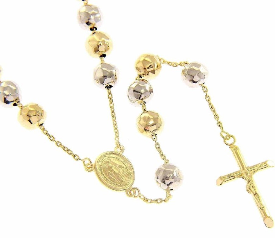 Vaticanum Gioielli in Oro Collana Rosario Lunga Con Medaglia Madonna Miracolosa E Croce Gr 33 Bicolore Oro Giallo E Bianco 18Kt Con Sfere Diamantate Da Donna Baptism