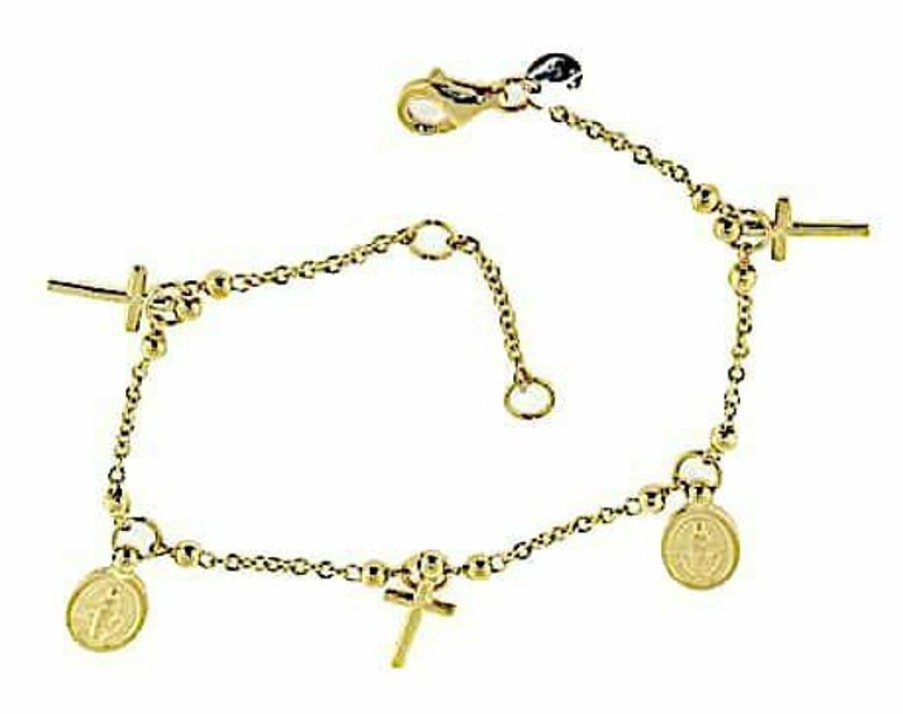 Vaticanum Gioielli in Oro Bracciale Rosario Con 2 Medaglie Madonna Miracolosa E 3 Croci Gr 4,3 Oro Giallo 18Kt Con Sfere Lisce Da Donna Baptism