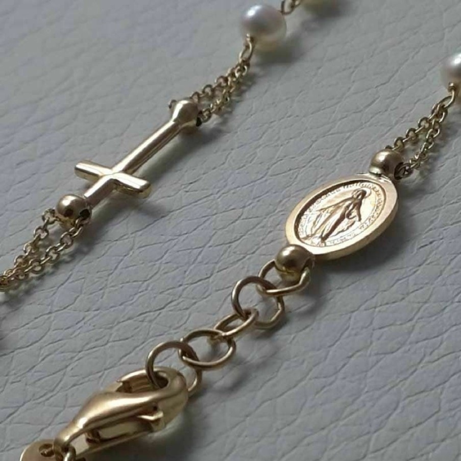 Vaticanum Gioielli in Oro Bracciale Rosario Con Medaglia Madonna Miracolosa E Croce Catena Passante Gr 3,2 Oro Giallo 18Kt Con Perle Da Donna Baptism