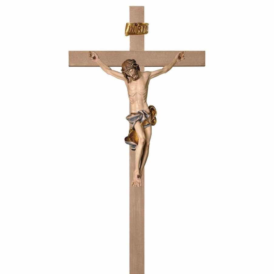 ULPE Crocifisso Nazareno Barocco Romanico Crocifisso Barocco Blu Su Croce Liscia Cm 84X44 (33,1X17,3 Inch) Scultura Da Parete Dipinta Ad Olio In Legno Val Gardena Saints Statues