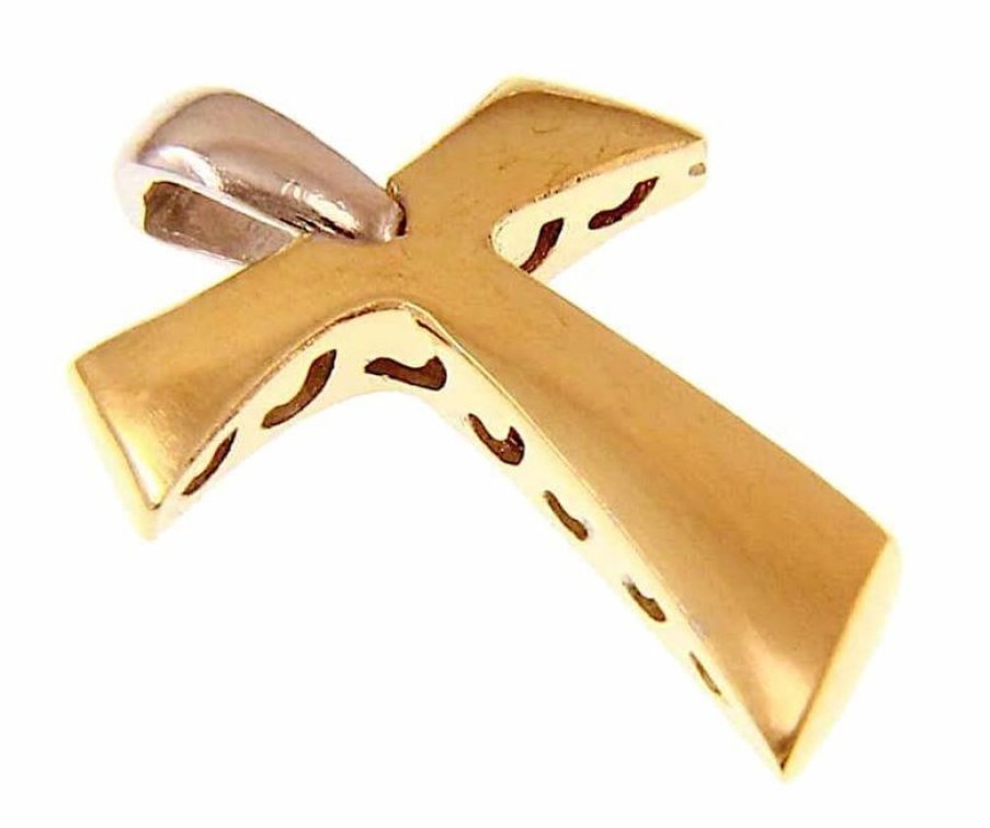 Vaticanum Gioielli in Oro Croce Tau Di San Francesco Bombata Traforata Ciondolo Pendente Gr 1 Bicolore Oro Giallo Bianco 18Kt A Canna Vuota Uni Donna Uomo First Communion