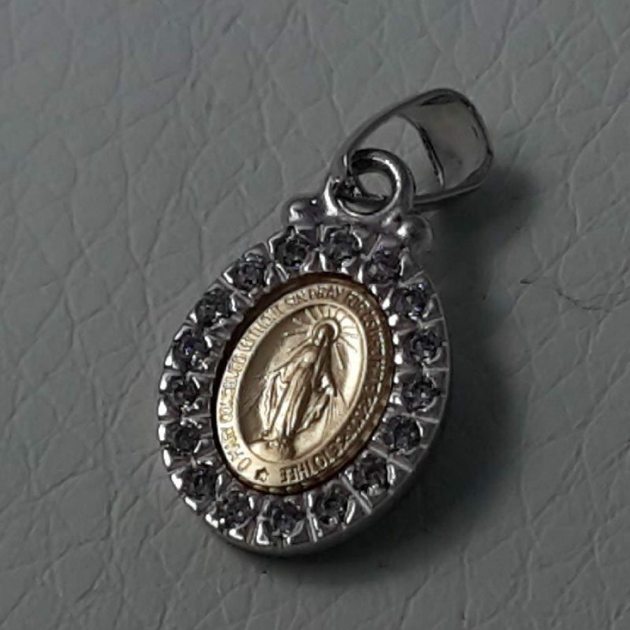 Vaticanum Gioielli in Oro Madonna Miracolosa Con Corona Punti Luce Medaglia Sacra Pendente Ovale Conio Gr 2 Bicolore Oro Giallo Bianco 18Kt Con Zirconi Da Donna Baptism