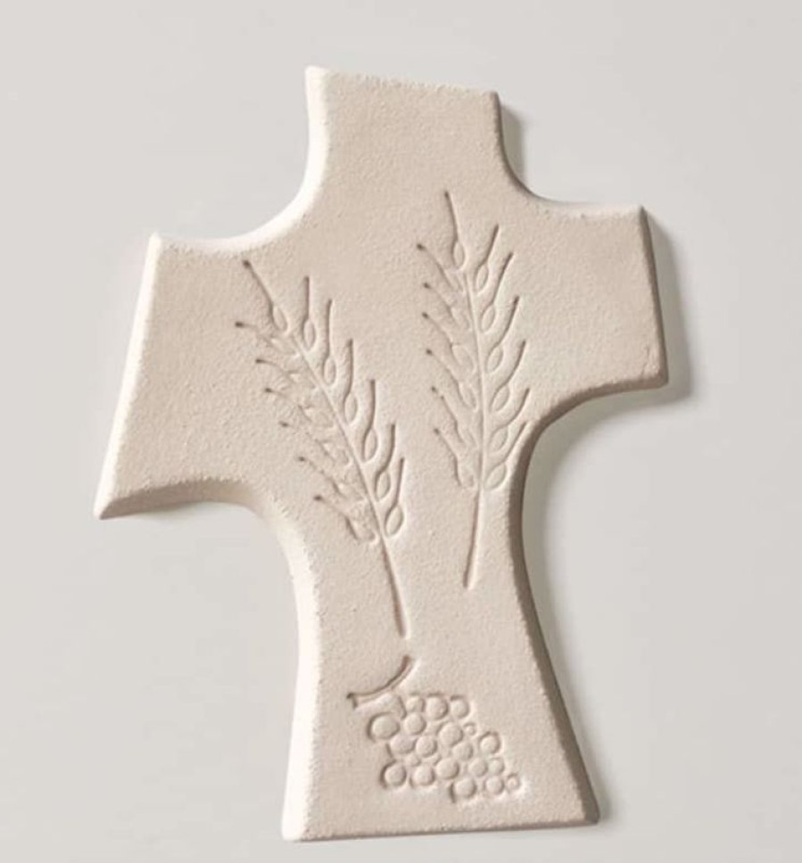 Centro Ave Loppiano Crocetta Prima Comunione Uva E Spighe Cm 15 (5,9 Inch) Croce Da Parete In Argilla Refrattaria Bianca Ceramica Centro Ave Loppiano Baptism