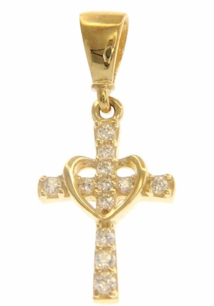 Vaticanum Gioielli in Oro Croce Svasata Con Punti Luce E Cuore Ciondolo Pendente Gr 0,85 Oro Giallo 18Kt Con Zirconi Da Donna Baptism