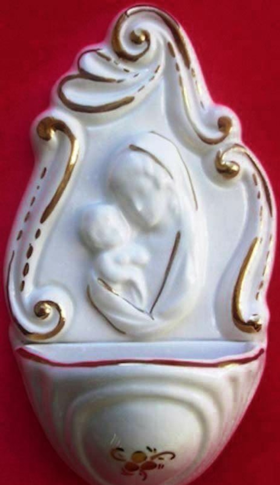 Maioliche Deruta Madonna Con Bambino Acquasantiera Cm 14 (5,5 In) Ceramica Invetriata Bianca Filo Oro Sacred & Religious Ceramics