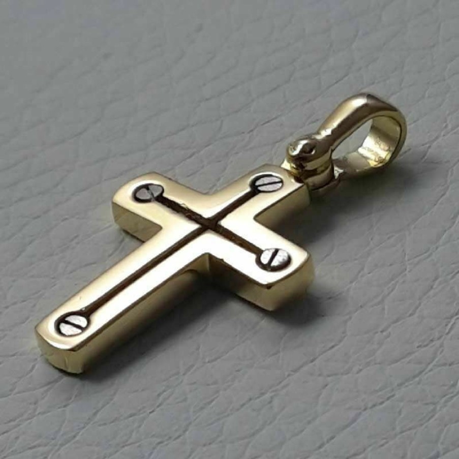 Vaticanum Gioielli in Oro Croce Design Stile Moderno Con Viti Ciondolo Pendente Gr 2,7 Bicolore Oro Massiccio Giallo Bianco 18Kt Da Uomo First Communion