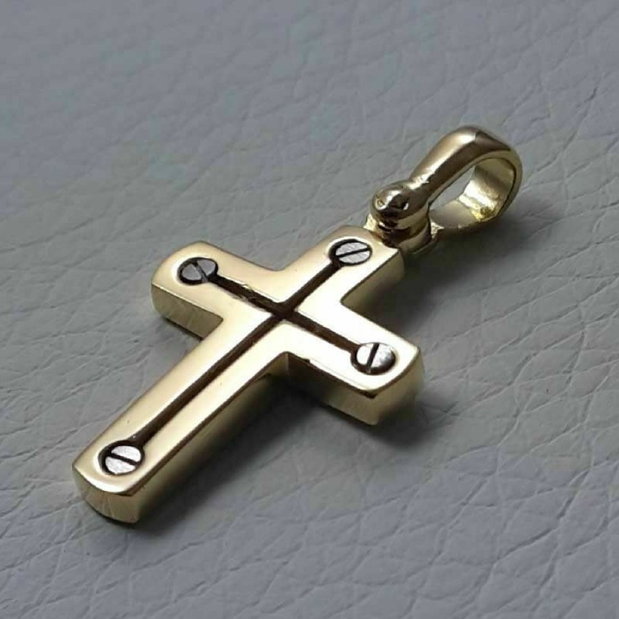 Vaticanum Gioielli in Oro Croce Design Stile Moderno Con Viti Ciondolo Pendente Gr 2,7 Bicolore Oro Massiccio Giallo Bianco 18Kt Da Uomo First Communion