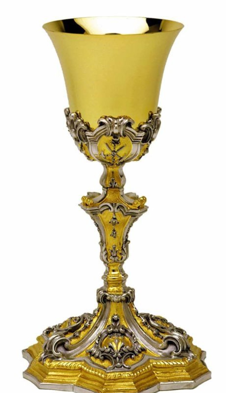 MAS Arredi sacri in Oro e Argento Calice Liturgico H. Cm 24 (9,4 Inch) Stile Barocco In Ottone Con Coppa In Argento 800/1000 Bicolor Da Altare Per Vino Da Messa Sacred Altar Vessels