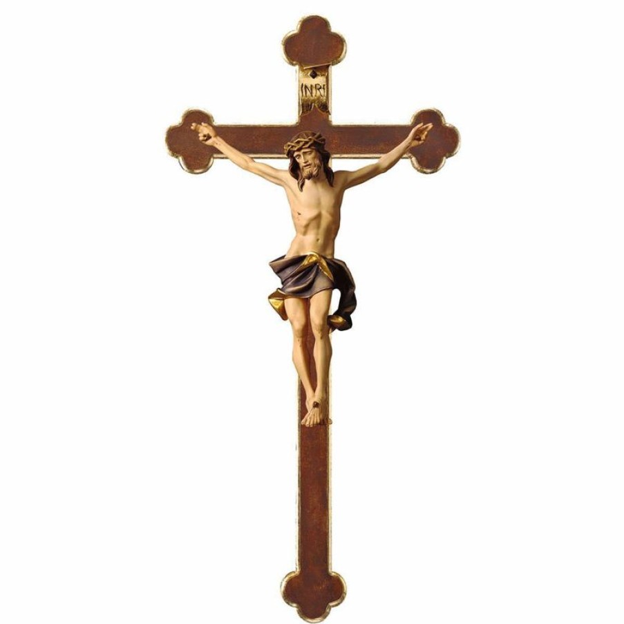 ULPE Crocifisso Nazareno Barocco Romanico Crocifisso Nazareno Blu Su Croce Barocca Cm 84X44 (33,1X17,3 Inch) Scultura Da Parete Dipinta Ad Olio In Legno Val Gardena Jesus Statues