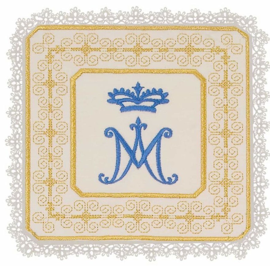 Chorus by Ricamificio Umbro - Catalogo Palla Copricalice Mariana Chorus Quadrata In Raso Di Seta Bianco Ricamo "M" E Corona - 3 Colori Oro / Azzurro / Oro E Azzurro Catholic Priest & Liturgical Vestments