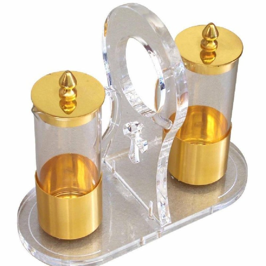 SEA Oggetti Liturgici in Oro e Argento Ampolle Vino Acqua Santa Messa Cm 16X7 (6,3X2,8 Inch) In Plexiglass E Ottone Set Completo Vassoio Ampolline Liturgiche Da Altare Church Furniture