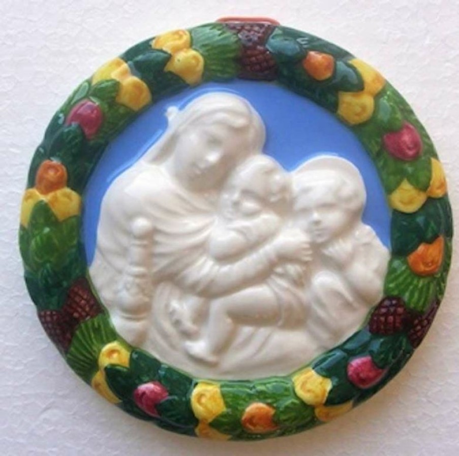 Luca della Robbia Ceramiche Madonna Della Seggiola Tondo Da Muro Diam. Cm 12 (4,7 In) Bassorilievo Ceramica Invetriata Sacred & Religious Ceramics