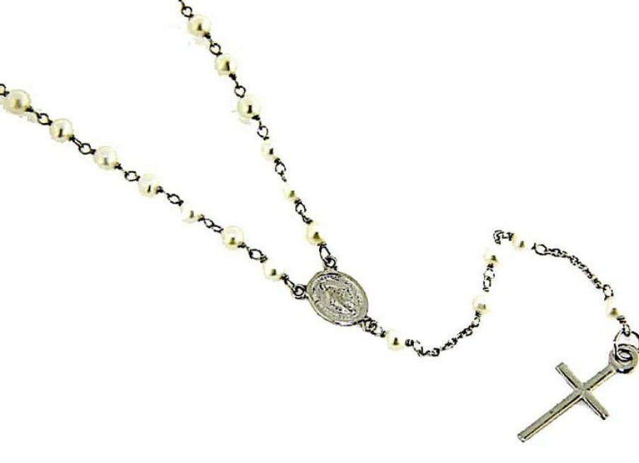 Vaticanum Gioielli in Oro Collana Girocollo Rosario Lunga Con Medaglia Madonna Miracolosa E Croce Gr 6 Oro Bianco 18Kt Con Perle Da Donna Baptism