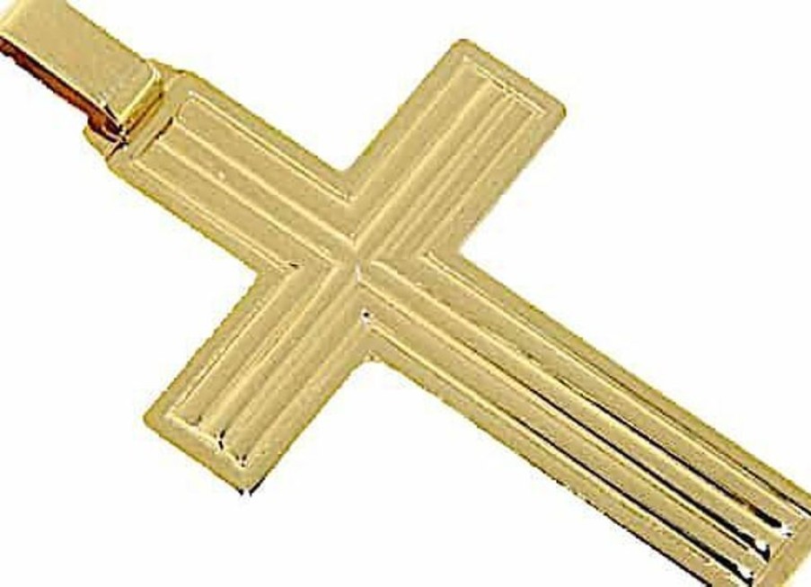 Vaticanum Gioielli in Oro Croce Dritta Rigata Ciondolo Pendente Gr 7,1 Oro Giallo Massiccio 18Kt Da Uomo First Communion