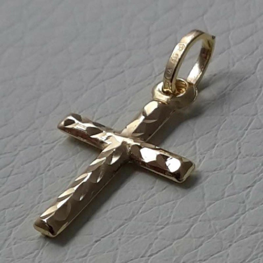 Vaticanum Gioielli in Oro Croce Dritta Lavorata Ciondolo Pendente Gr 0,45 Oro Giallo 18Kt A Canna Vuota Uni Donna Uomo First Communion