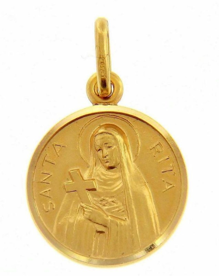 Vaticanum Gioielli in Oro Santa Rita Con Croce E Aureola Medaglia Sacra Pendente Tonda Conio Gr 2,5 Oro Giallo 18Kt Con Bordo Liscio Uni Donna Uomo Confirmation