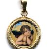 EB Arte Sacra Angelo Ciondolo Pendente Tondo Diamantato Diam Mm 19 (0,75 Inch) Argento Placcato Oro E Porcellana Uni Uomo Donna E Bambini Holy Water Fonts