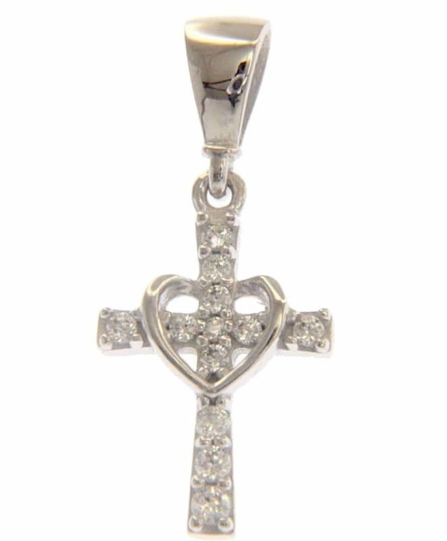 Vaticanum Gioielli in Oro Croce Svasata Con Punti Luce E Cuore Ciondolo Pendente Gr 0,85 Oro Bianco 18Kt Con Zirconi Da Donna Baptism