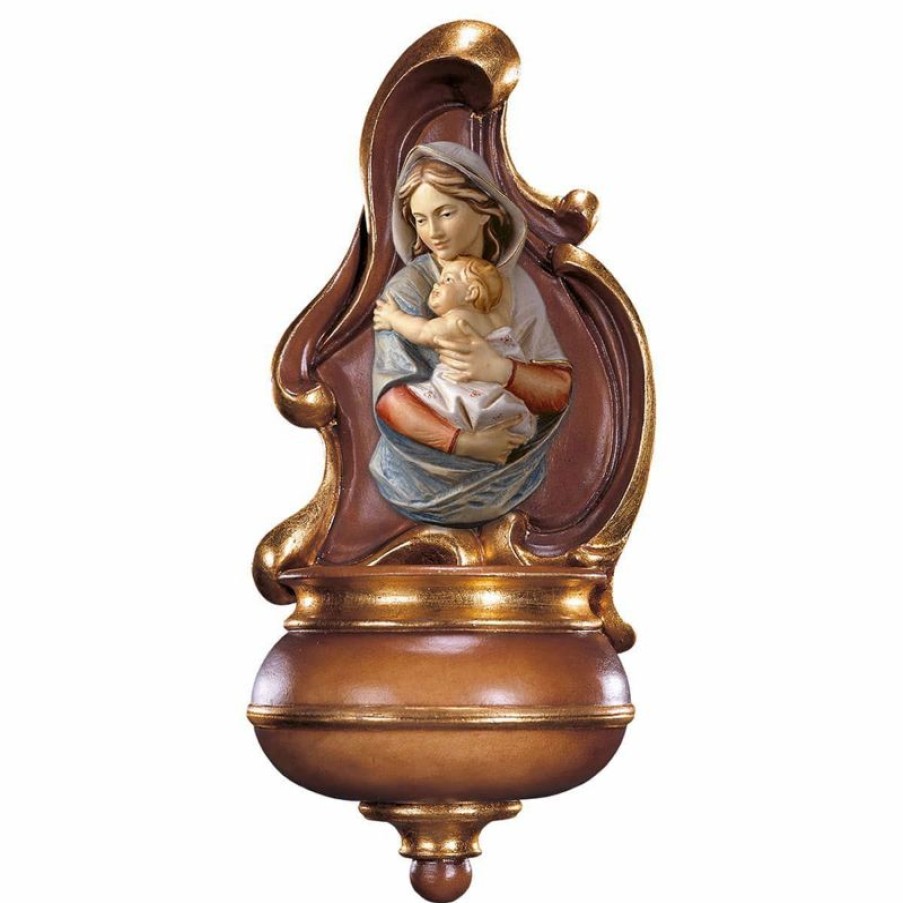 ULPE Addobbi Natalizi in legno Acquasantiera Con Busto Di Madonna Cm 26 (10,2 Inch) Scultura Da Parete Dipinta Ad Olio In Legno Val Gardena Sacred & Religious Ceramics